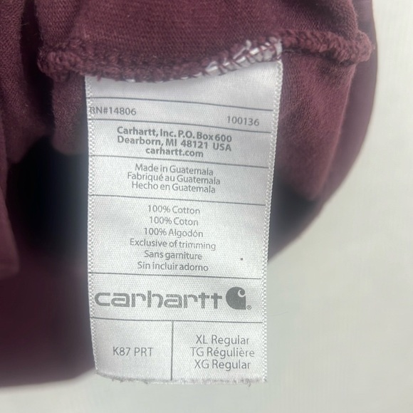 Carhartt Mens XL Original Fit Tee T-Shirt Crewneck Burgundy Heavyweight Workwear - Picture 7 of 9